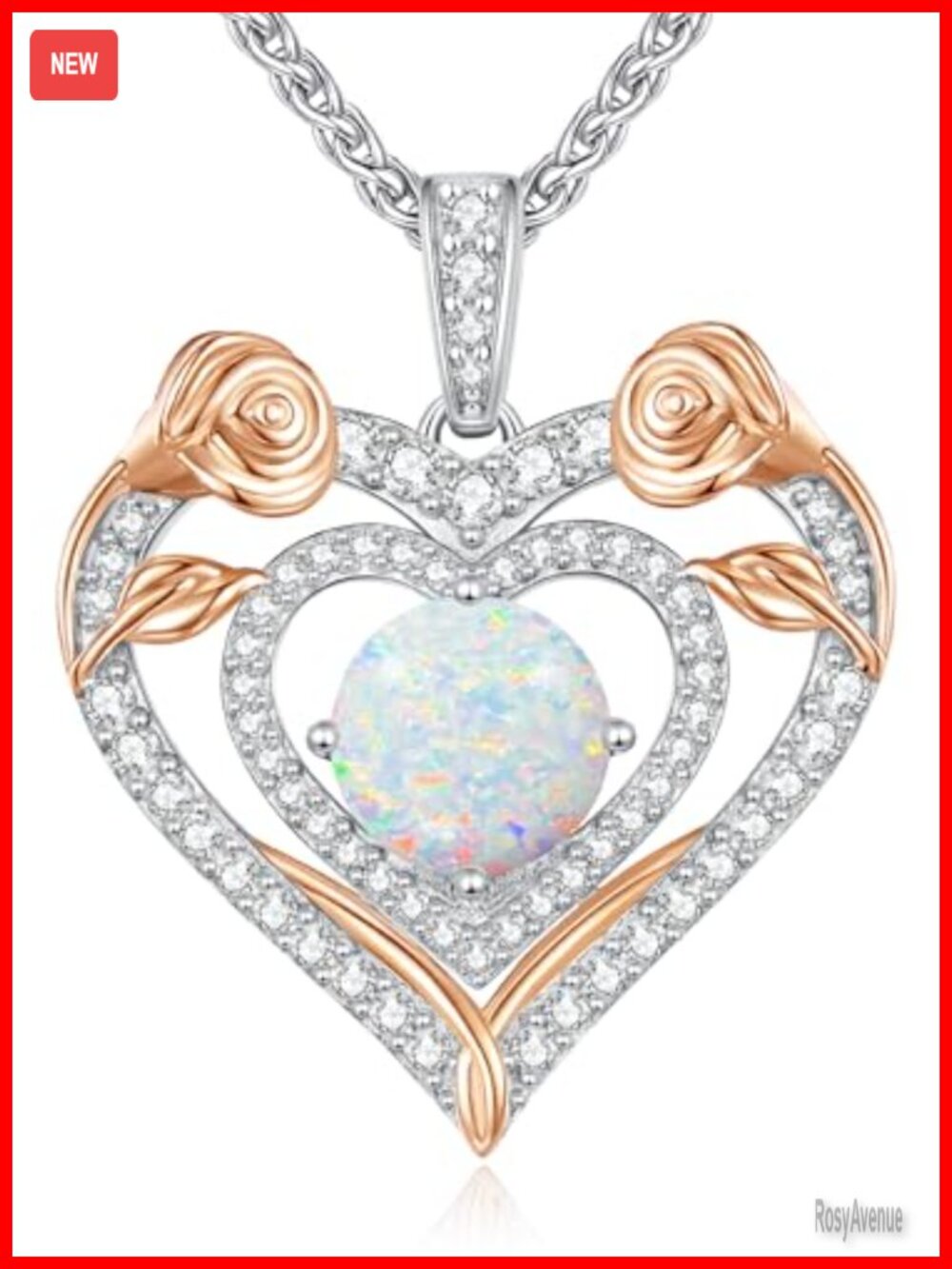 925 Sterling Silver White Gold Plated Opal Double Heart Pendant Necklace 18in